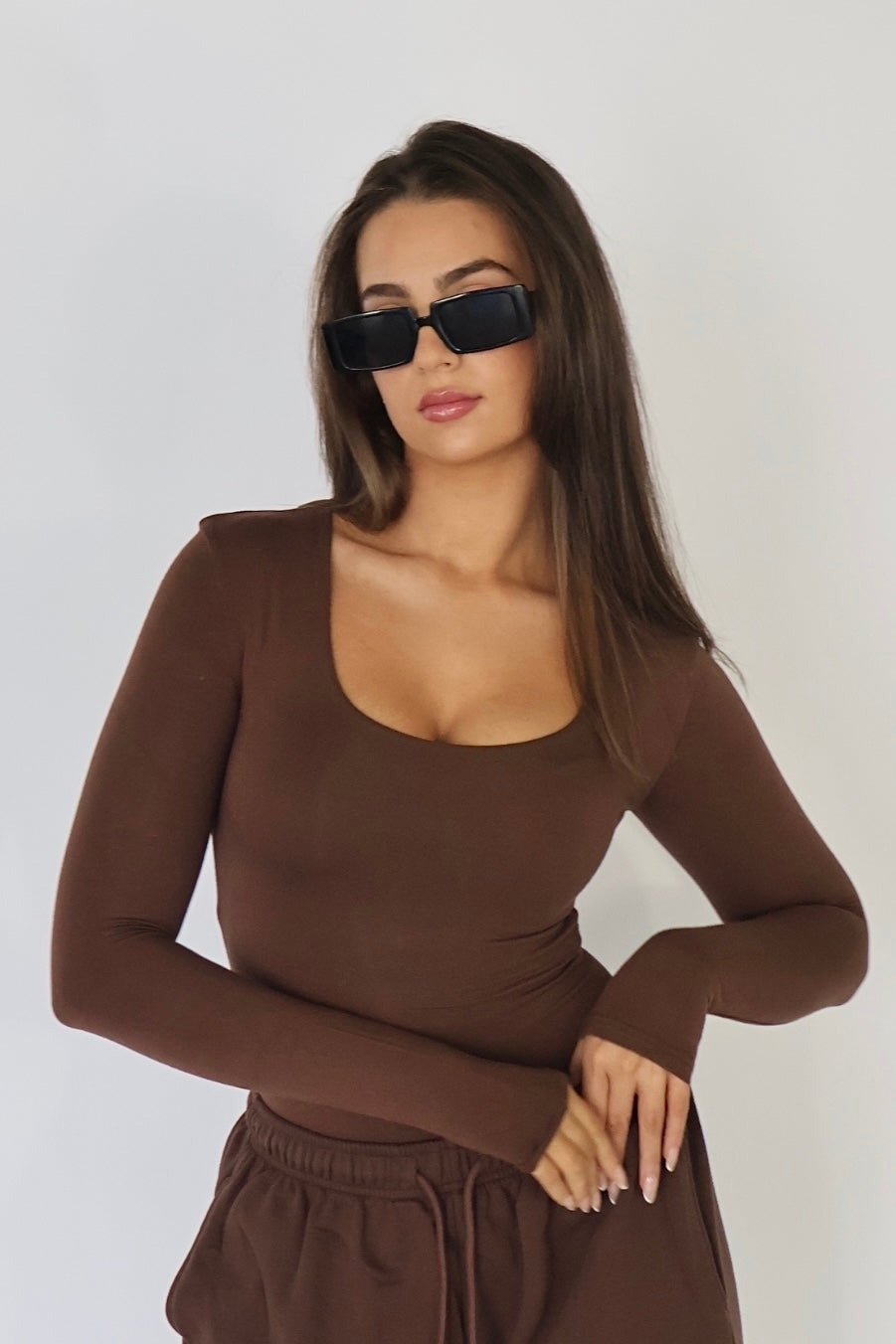 ZARA | Scoop neck long sleeve bodysuit - Chocolate